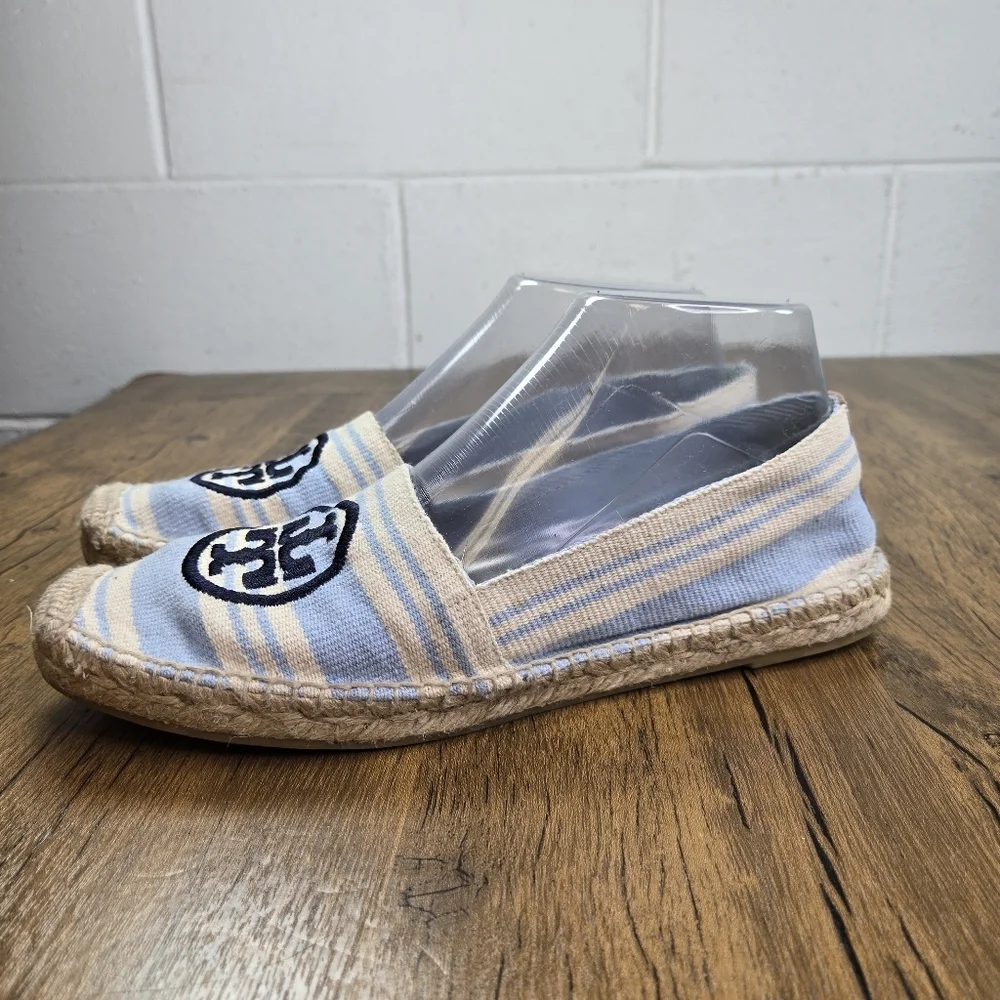 Tory Burch Striped Cream Blue Double T Espadrille Flats